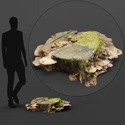 Realistic photoscanned Blender 3D model of a moss-covered stump with mushrooms, suitable for virtual environments.