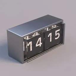 Realistic 3D model of a digital flip alarm clock showing 4:15, created with Blender, suitable for design projects.