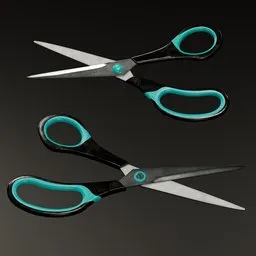 Realistic Blender 3D model showcasing open and closed turquoise-handled scissors, ideal for virtual office settings.