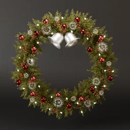 Detailed 3D-rendered Christmas wreath with natural branches, red baubles, silver bells, and festive decorations.