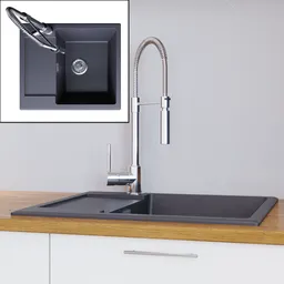 Detailed 3D rendering of modern black sink with sleek faucet on wooden countertop for Blender modeling.