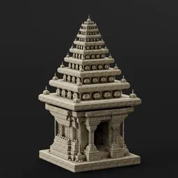 "Discover the beauty of The Temple, a historic Hindu art inspired 3D model for Blender created by detailed scan. This monochrome masterpiece, featuring a small white building with a clock on top, is museum exhibit-worthy and reminiscent of pagodas. Based on Thota Vaikuntham, this model is trending on Zbrush and perfect for any project."
