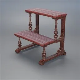 "Vintage wooden library step stool with red striped seat, ideal for Blender 3D models. Rendered in Unreal Engine, this rococo-inspired piece features a brocade design and is reminiscent of Albert Anker's style. Perfect for office-chair and home-office scenes, this 8k, two-level model adds a touch of elegance to any virtual environment."