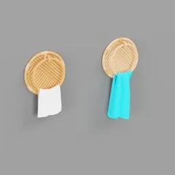 3D model of a wall-mounted circular wooden towel holder with draped towels, compatible with Blender.