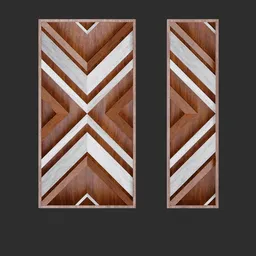 "Wood mosaic 3D model for Blender 3D: a symmetrical pattern of white and brown on mahogany wood panels with chromed metal accents. Inspirational art deco style, perfect for interior decoration."