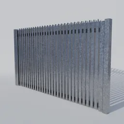 Realistic galvanized 3D metal security fence model for Blender, with detailed textures and jagged design, optimized for 3D scenes.