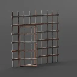 "Medieval style prison bars and doors with wooden frames, made with cast iron materials and cross hatch design. Perfect for video game assets and projects, including project zomboid. Includes natural lighting and background of brick wall for added realism. Created by Ma Quan for Blender 3D software."