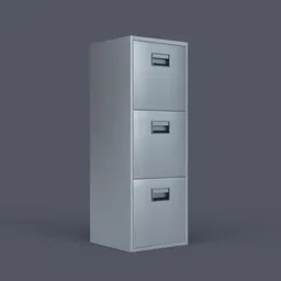 Low-poly 3D model of a vertical metal office drawer with three compartments for Blender rendering.