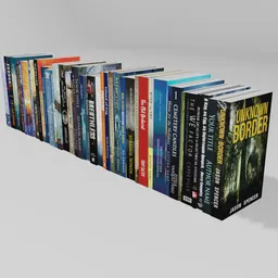 "Forty-two literature-themed books in high-quality 8k resolution for Blender 3D, featuring military designs and realistic textures. Perfect for adding detail to bookshelves and scenes, rendered in Keyshot with Daz3D Genesis Iray shaders and a Terragen background setting."