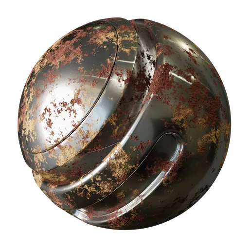 Procedural Rusty Metal 02 PBR texture with customizable options for Blender 3D, showcasing metallic and roughness variations.