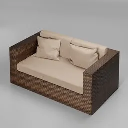 3D model of a modern two-seater armchair with cushions, designed for Blender rendering, showcasing detailed braiding and textures.