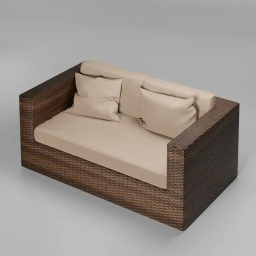 3D model of a modern two-seater armchair with cushions, designed for Blender rendering, showcasing detailed braiding and textures.