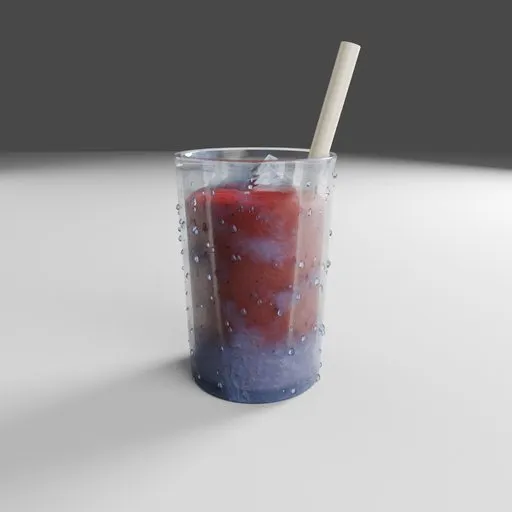 Realistic Blender 3D model of icy strawberry smoothie with condensation and straw, showcasing low-poly design and procedural textures.
