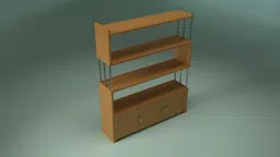 Detailed wooden Blender 3D model with three shelves and metal accents.