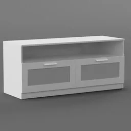 3D modeled white modern TV cabinet with two shelves and drawers for Blender rendering.