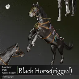 Detailed 3D rigged model of an armored black horse, perfect for Blender animation and game development.