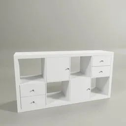 "3D model of white Ikea Kallax 147x77 with 4 insets, perfect for hall design in Blender 3D. Inspired by Niels Lergaard's design and Andrey Esionov's catalog. Created by Jenő Gyárfás and available on BlenderKit."