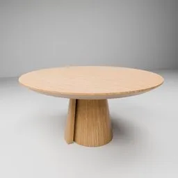 Round wooden 3D model coffee table with organic base and textured veneer finish for Blender rendering.