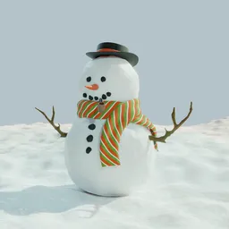 3D Blender model of snowman with festive hat, scarf, and pipe, on a winter setting for digital design.