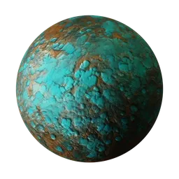 High-quality PBR texture of rusted metal with vivid teal and brown patina for 3D rendering in Blender.