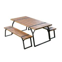 Modern industrial-style 3D-rendered picnic dining set with classic wood slat design and sturdy splayed legs for patios.