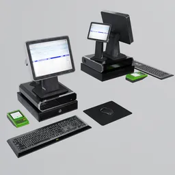 "High-quality, monochromatic green cashier computer 3D model for Blender 3D. Features electronic devices, a keyboard, and merchant logo. Perfect addition to any scene."