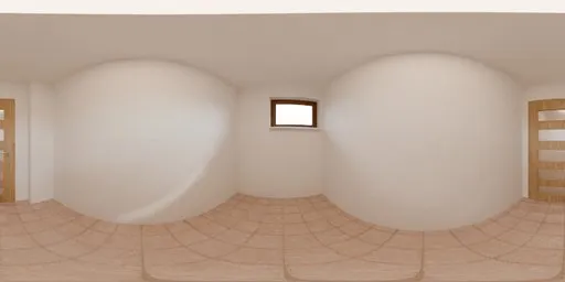 360-degree HDR panorama of a minimalist, naturally lit interior space with white walls and brown flooring.