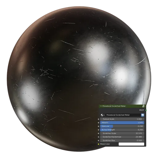 High-quality PBR procedural scratched metal surface, ideal for 3D modeling and rendering in Blender.