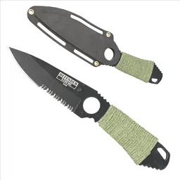 Highly detailed textured 3D model of a tactical knife with serrated edge and sheath, ideal for Blender 3D projects.