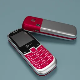 "Red Kenxinda M2 mobile phone 3D model with silver accents and keyboard on a pink background, created with Blender 3D. Ideal for industrial exterior designs. Small button mobile phone from the KENXINDA brand."