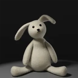 "White children's bunny soft toy with armature, created in Blender 3D. The photorealistic 3D model is inspired by Robert Dickerson, Jellycat, and Nick Park designs. Perfect for toy and 3D enthusiasts alike!"