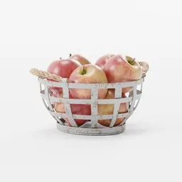 "Rustic basket with apples for Blender 3D scene: A charming fruit and vegetable 3D model featuring a textured base. Perfect for adding a touch of rustic elegance to your virtual creations."