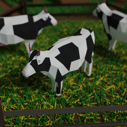 "Low poly cow 3D model created with Blender 3D, featuring simplified realism style and inspired by M.C. Escher. Perfect for game design or 3D rendering projects in the mammal category."