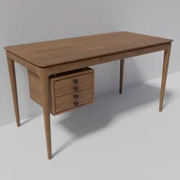 Realistic Blender 3D model of a mid-century modern wooden desk with functional drawers, suitable for interior design.