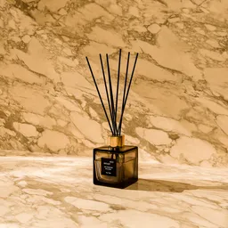 3D-rendered reed diffuser model with realistic lighting on a marble surface for product visualization in Blender.