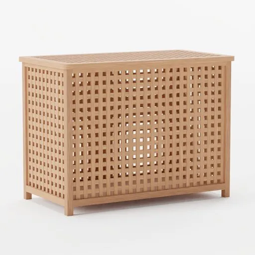 Detailed 3D model of a wooden laundry basket, ideal for Blender 3D projects, showcasing intricate textures.