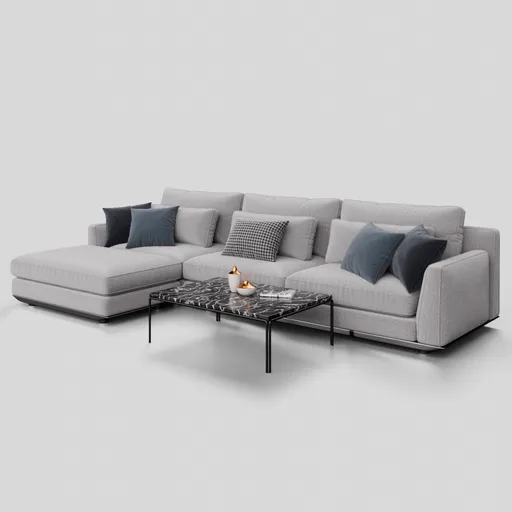 Detailed 3D Blender model of a contemporary fabric corner sectional sofa with cushions and a matching coffee table.