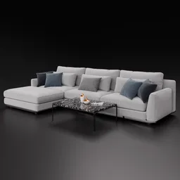 Detailed 3D Blender model of a contemporary fabric corner sectional sofa with cushions and a matching coffee table.