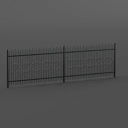"High-resolution 3D model of an ornate iron fence with a green gate on a gray background, suitable for Blender 3D. The fence stands at a height of 1.5m and can be customized using the array modifier for segment control. Perfect for Unreal Engine, AutoCAD, Roblox, and other 3D rendering applications."