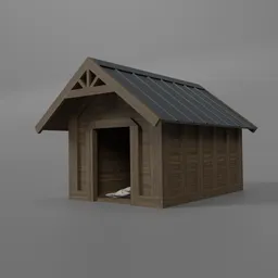 "Wooden dog house 3D model - perfect for exterior renders of family homes. Created in Blender 3D, featuring black roof, barn-inspired design and mostly wood construction. Medium-sized and ideal for adding a rustic touch to your virtual environments."