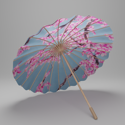 "Traditional Asian Paper Umbrella Decoration in Blue with Pink Flowers, Inspired by Kōno Bairei and Xie Sun, Modeled in Blender 3D"