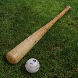 Realistic 3D baseball and bat with PBR-textured wood, designed in Blender, ideal for extreme sports modeling.