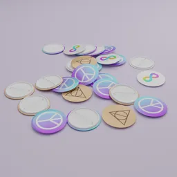 "Get a pile of 25 pins buttons with symbols on them for your interior projects in Blender 3D. Easily change the button images with the included random image material featuring peace signs, cryptocurrency, and more. Perfect for creating concepts like ray traced art, placards, pendants, telegram stickers, and more."