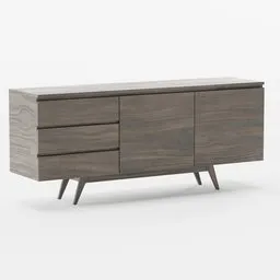 Detailed Blender 3D model render of a modern wooden buffet with drawers and angled legs for interior design visualization.