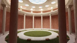 Detailed 3D render of a circular open-roofed room with pillars and grass floor, perfect for creative designs in Blender.