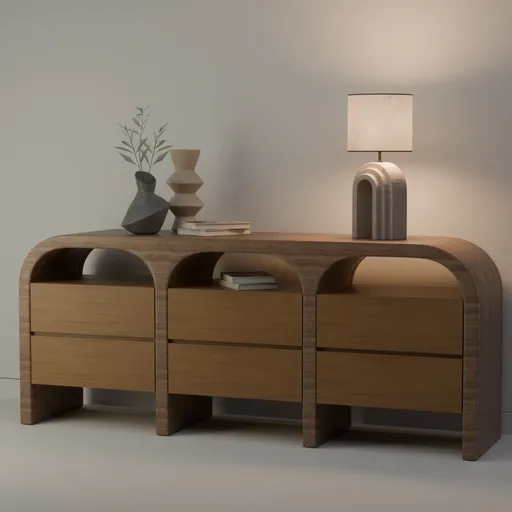 3D-rendered wooden console with drawers, decorative vase, books, and lamp for Blender 3D users, showcasing modern home decor.