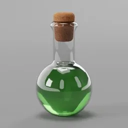 Realistic glass potion bottle with vibrant green liquid, suitable for Blender 3D character enhancement.