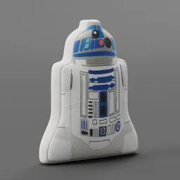 Detailed 3D rendering of a pillow modeled after R2-D2 from Blender.