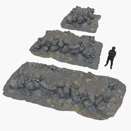 Detailed 3D boulder wall models, with texture variations and 4K maps for Blender rendering, showcasing photorealistic design.