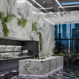 Modern Marble Kitchen with City Skyline